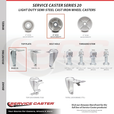 Service Caster 4 Inch Semi Steel Cast Iron Wheel Swivel Top Plate Caster Set with 2 Rigid SCC SCC-20S415-SSR-TP2-2-R-2